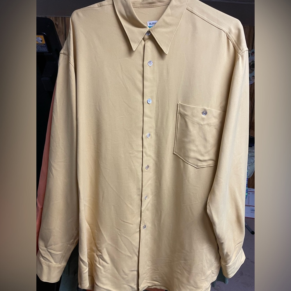 Vintage Burmas Bibas‎ Men Button Up Size L Golden Yellow Silk Retro Long Sleeve